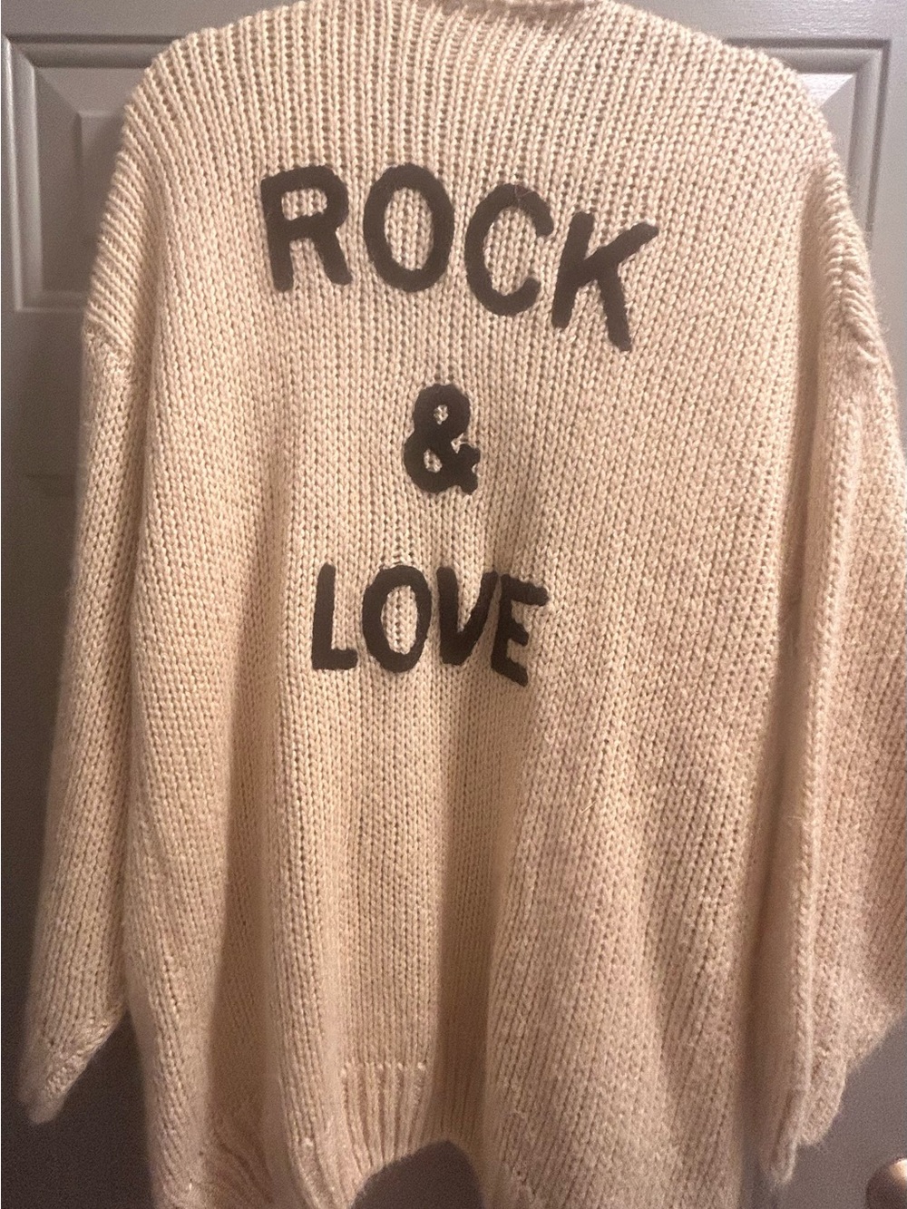 Beige Knit Cardigan with "ROCK & LOVE" Graphic